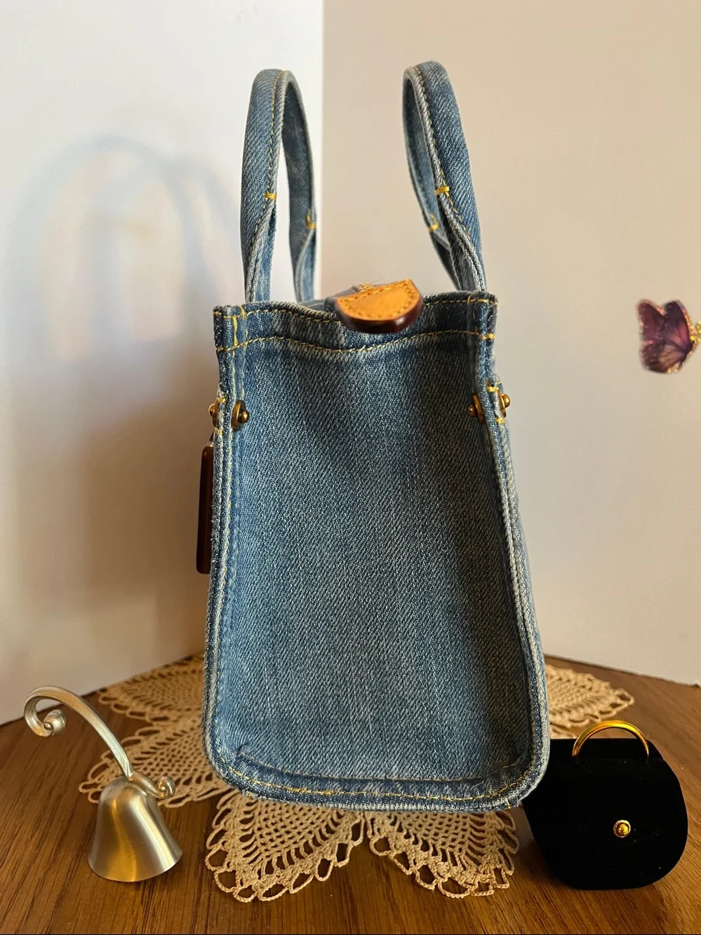 Coach Denim Embroidered Mini Tote in Light Blue with Tan Tag #CZ100